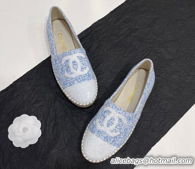 Shop Duplicate Chanel Tweed & Sequins Espadrilles Flats G45602 Blue/White 425002