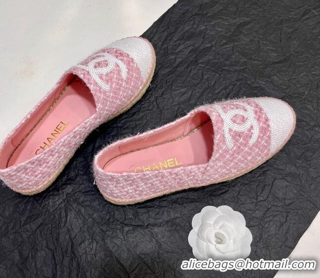 Big Discount Chanel Tweed & Sequins Espadrilles Flats G45602 Pink/White 425003