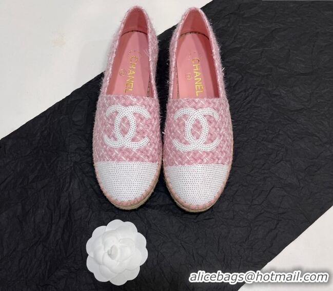 Big Discount Chanel Tweed & Sequins Espadrilles Flats G45602 Pink/White 425003