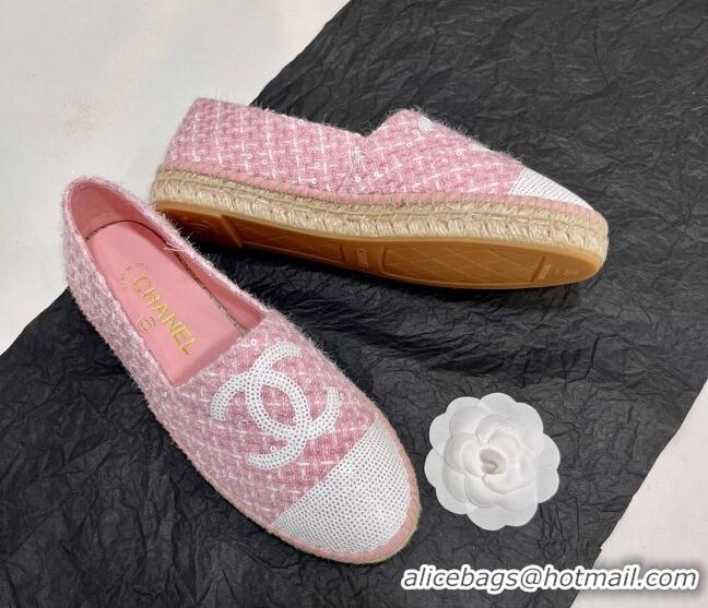 Big Discount Chanel Tweed & Sequins Espadrilles Flats G45602 Pink/White 425003