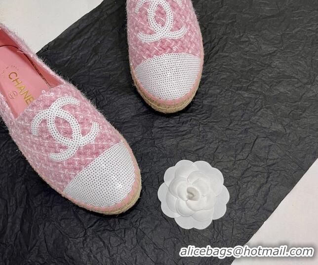 Big Discount Chanel Tweed & Sequins Espadrilles Flats G45602 Pink/White 425003