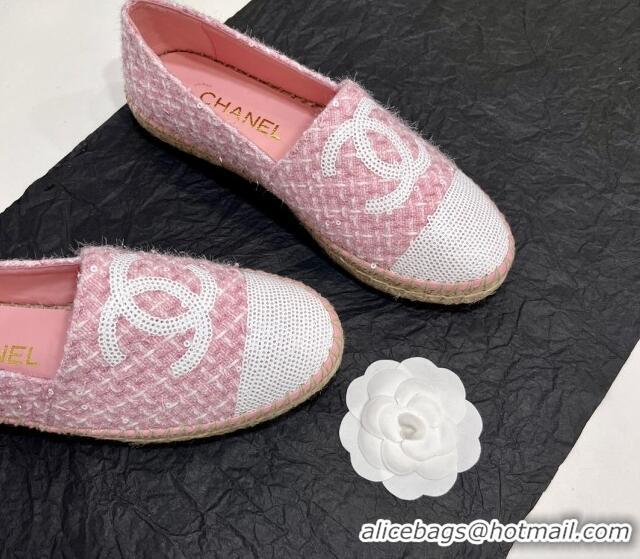 Big Discount Chanel Tweed & Sequins Espadrilles Flats G45602 Pink/White 425003