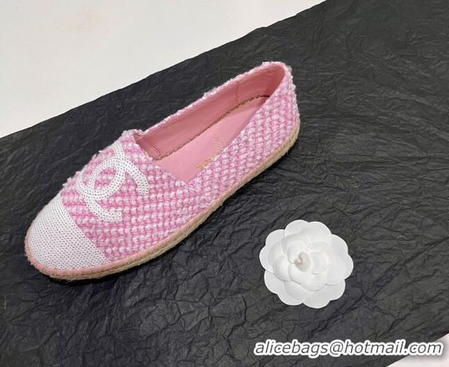 Luxury Chanel Tweed & Sequins Espadrilles Flats G45602 Pink 425004