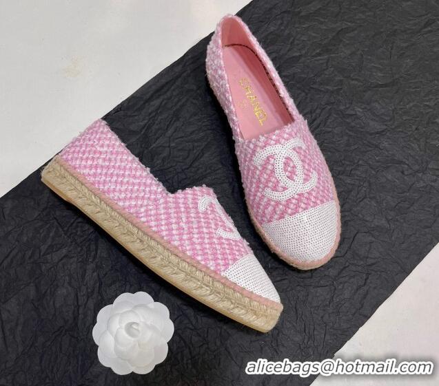 Luxury Chanel Tweed & Sequins Espadrilles Flats G45602 Pink 425004