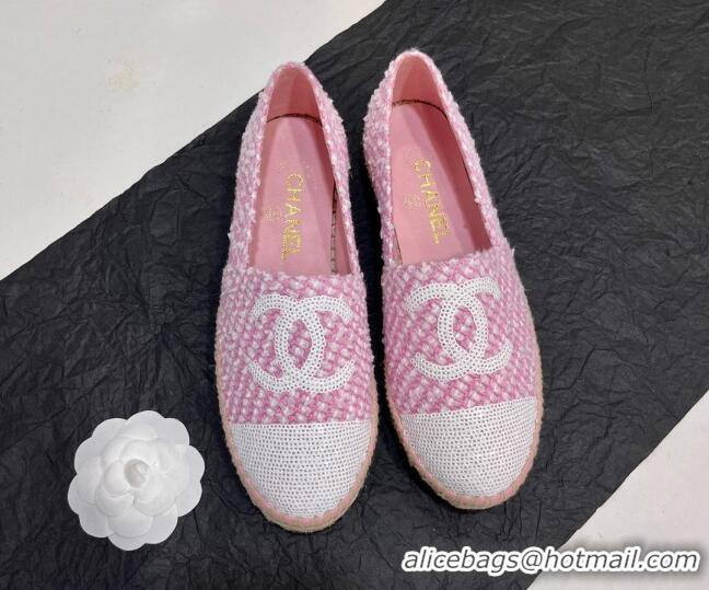 Luxury Chanel Tweed & Sequins Espadrilles Flats G45602 Pink 425004