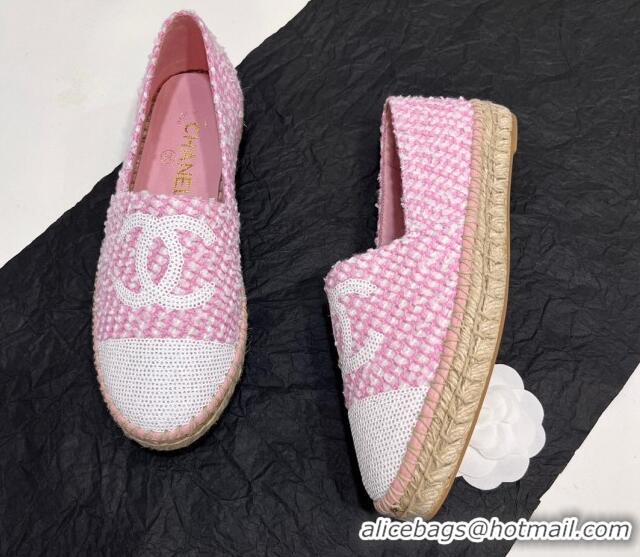 Luxury Chanel Tweed & Sequins Espadrilles Flats G45602 Pink 425004