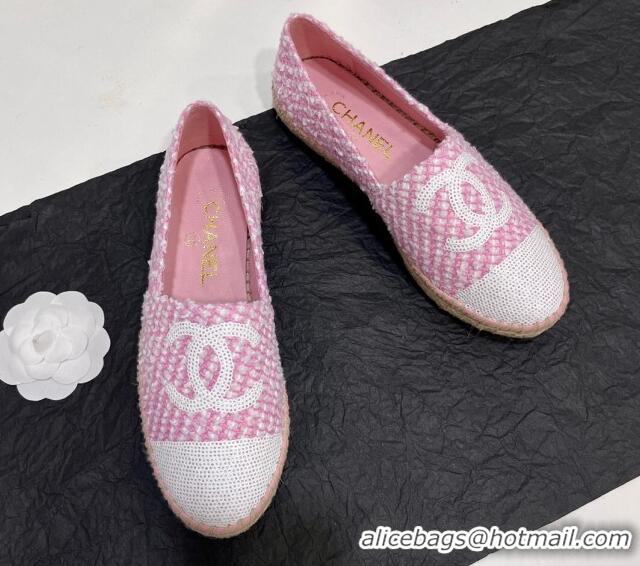 Luxury Chanel Tweed & Sequins Espadrilles Flats G45602 Pink 425004