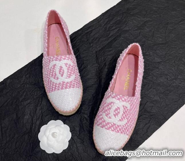 Luxury Chanel Tweed & Sequins Espadrilles Flats G45602 Pink 425004