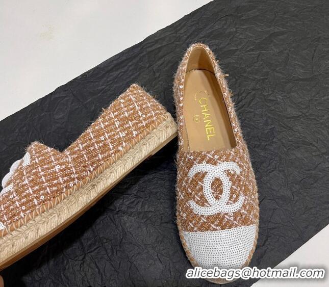 Popular Style Chanel Tweed & Sequins Espadrilles Flats G45602 Brown 425005