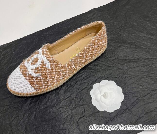 Popular Style Chanel Tweed & Sequins Espadrilles Flats G45602 Brown 425005