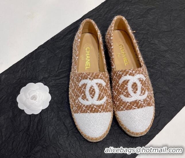 Popular Style Chanel Tweed & Sequins Espadrilles Flats G45602 Brown 425005