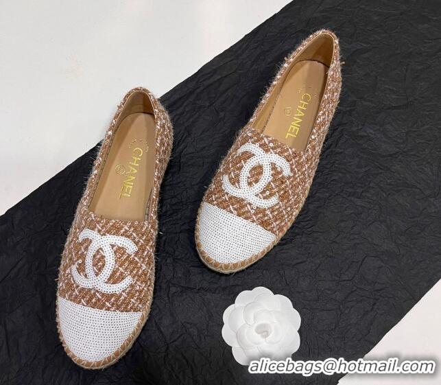 Popular Style Chanel Tweed & Sequins Espadrilles Flats G45602 Brown 425005