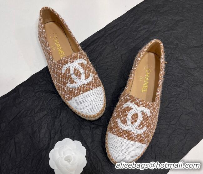 Popular Style Chanel Tweed & Sequins Espadrilles Flats G45602 Brown 425005