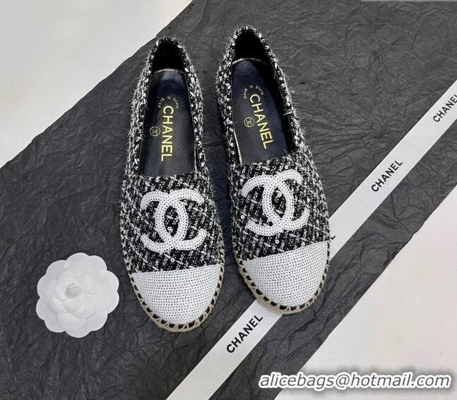 Discount Chanel Tweed & Sequins Espadrilles Flats G45602 Black 425006