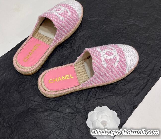 Good Product Chanel Tweed & Sequins Espadrilles Flat Mules G45602 Pink/White 425007