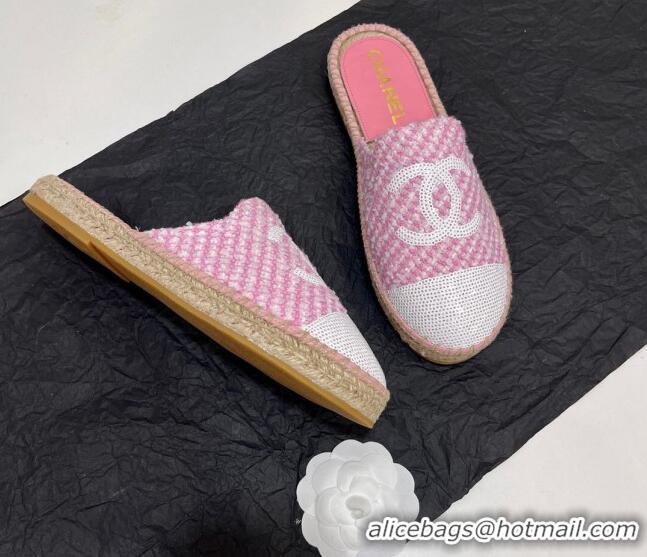 Good Product Chanel Tweed & Sequins Espadrilles Flat Mules G45602 Pink/White 425007