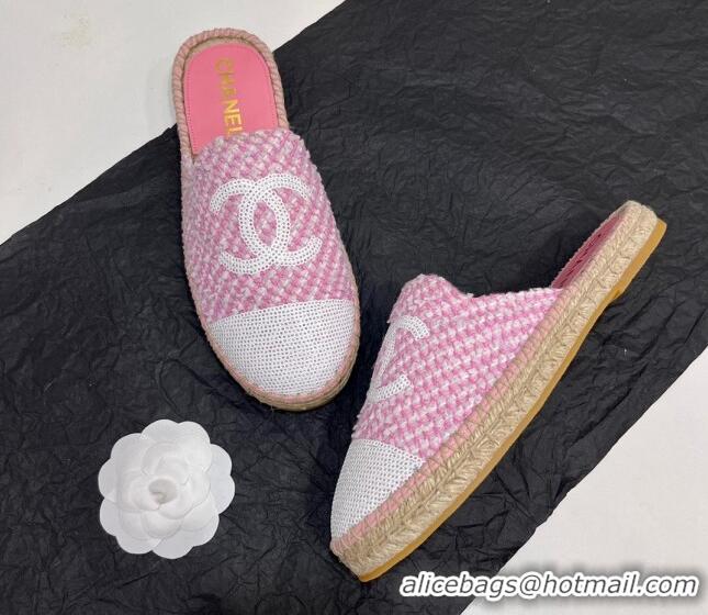 Good Product Chanel Tweed & Sequins Espadrilles Flat Mules G45602 Pink/White 425007