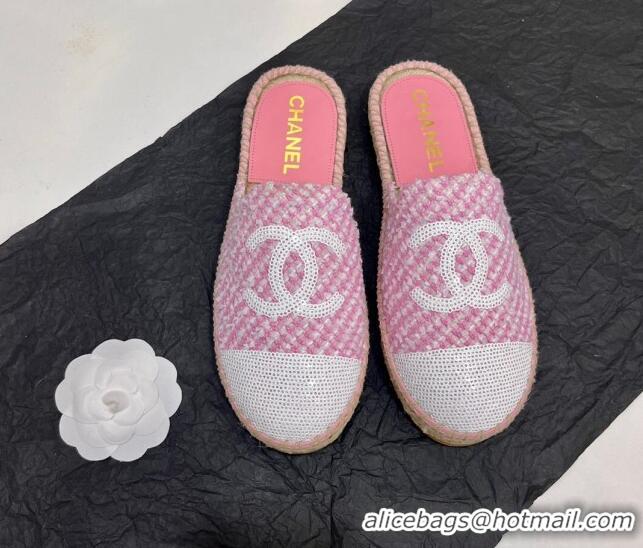 Good Product Chanel Tweed & Sequins Espadrilles Flat Mules G45602 Pink/White 425007