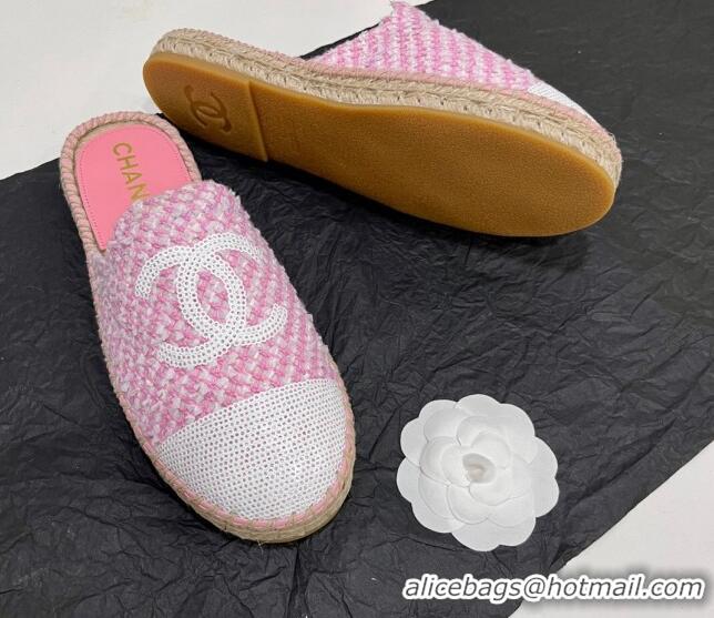 Good Product Chanel Tweed & Sequins Espadrilles Flat Mules G45602 Pink/White 425007