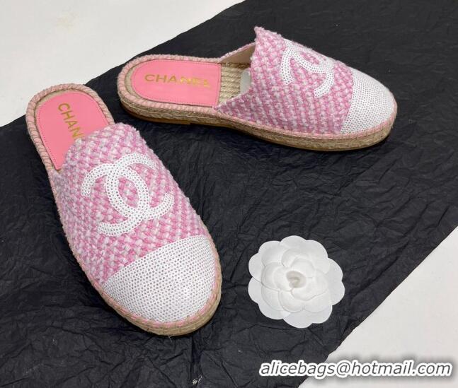 Good Product Chanel Tweed & Sequins Espadrilles Flat Mules G45602 Pink/White 425007