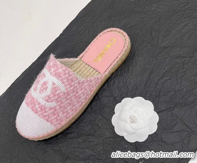 Luxury Cheap Chanel Tweed & Sequins Espadrilles Flat Mules G45602 Pink 425008