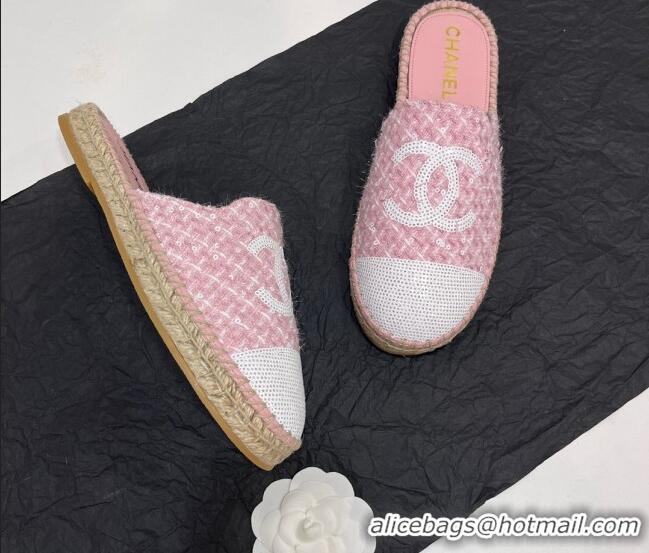 Luxury Cheap Chanel Tweed & Sequins Espadrilles Flat Mules G45602 Pink 425008