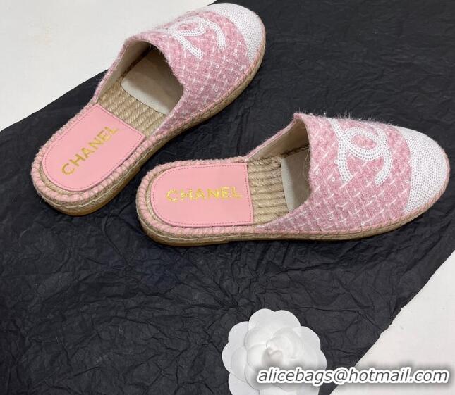 Luxury Cheap Chanel Tweed & Sequins Espadrilles Flat Mules G45602 Pink 425008