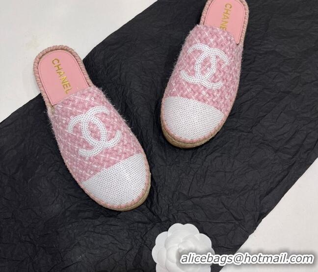 Luxury Cheap Chanel Tweed & Sequins Espadrilles Flat Mules G45602 Pink 425008