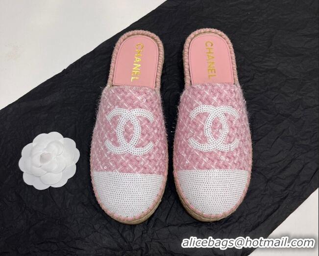 Luxury Cheap Chanel Tweed & Sequins Espadrilles Flat Mules G45602 Pink 425008