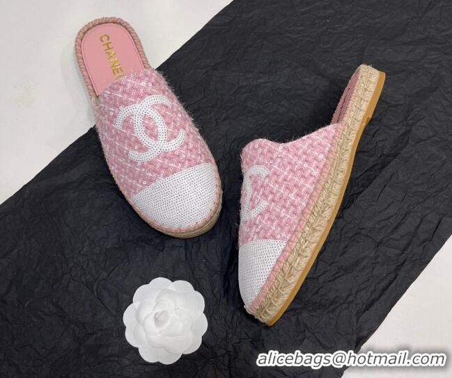 Luxury Cheap Chanel Tweed & Sequins Espadrilles Flat Mules G45602 Pink 425008