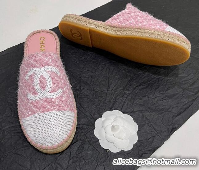 Luxury Cheap Chanel Tweed & Sequins Espadrilles Flat Mules G45602 Pink 425008