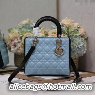 Super Quality Dior Medium Lady Dior Bag in Two-Tone Cannage Lambskin 5651 Black/Blue 2024