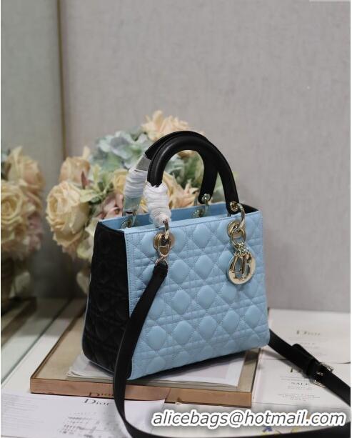 Super Quality Dior Medium Lady Dior Bag in Two-Tone Cannage Lambskin 5651 Black/Blue 2024