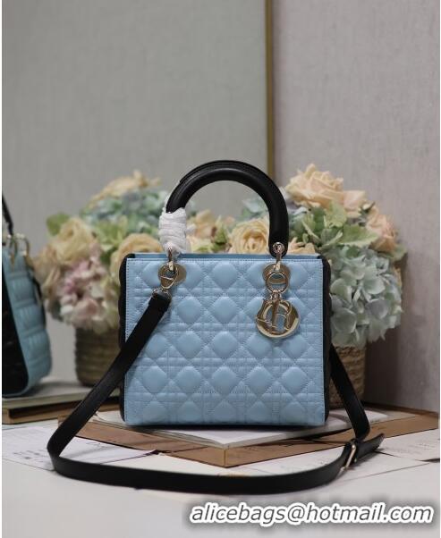 Super Quality Dior Medium Lady Dior Bag in Two-Tone Cannage Lambskin 5651 Black/Blue 2024