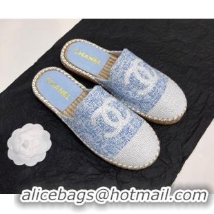 Luxury Chanel Tweed & Sequins Espadrilles Flat Mules G45602 Blue/White 425009