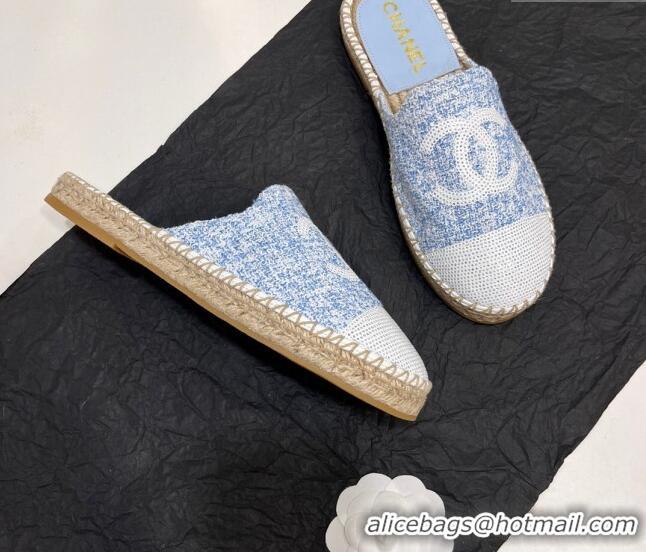 Luxury Chanel Tweed & Sequins Espadrilles Flat Mules G45602 Blue/White 425009