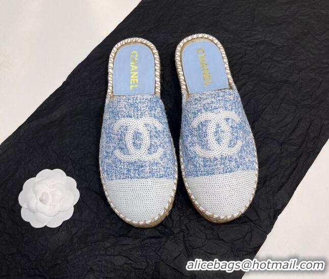 Luxury Chanel Tweed & Sequins Espadrilles Flat Mules G45602 Blue/White 425009