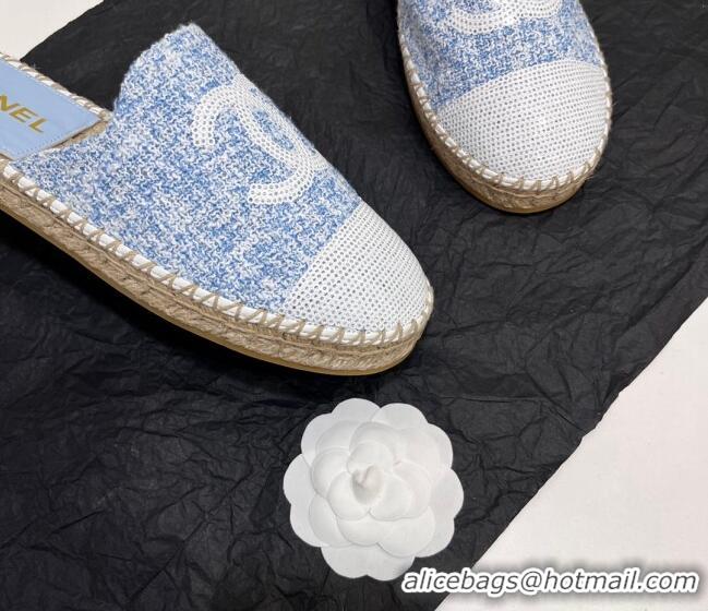 Luxury Chanel Tweed & Sequins Espadrilles Flat Mules G45602 Blue/White 425009