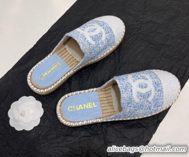 Luxury Chanel Tweed & Sequins Espadrilles Flat Mules G45602 Blue/White 425009