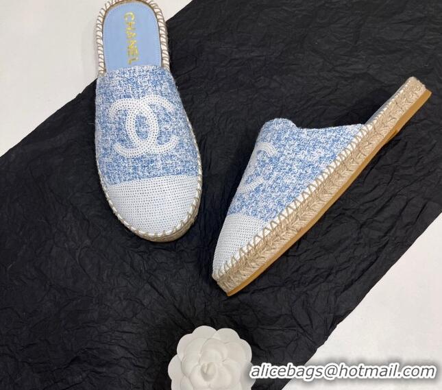 Luxury Chanel Tweed & Sequins Espadrilles Flat Mules G45602 Blue/White 425009