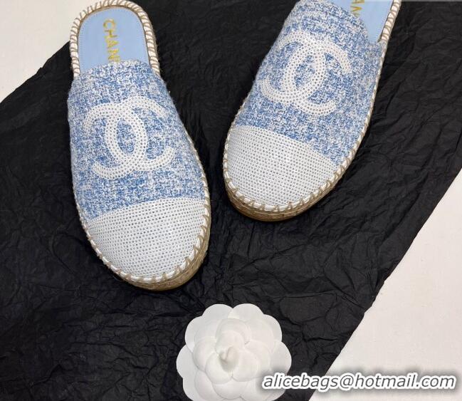 Luxury Chanel Tweed & Sequins Espadrilles Flat Mules G45602 Blue/White 425009