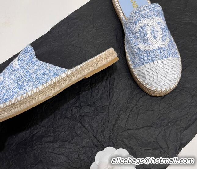 Luxury Chanel Tweed & Sequins Espadrilles Flat Mules G45602 Blue/White 425009