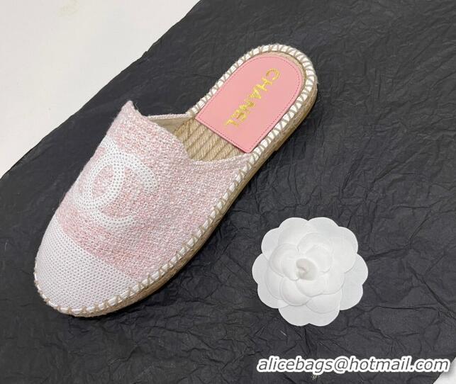 Trendy Design Chanel Tweed & Sequins Espadrilles Flat Mules G45602 Light Pink 425010