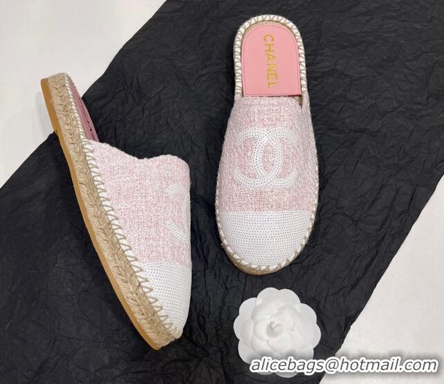 Trendy Design Chanel Tweed & Sequins Espadrilles Flat Mules G45602 Light Pink 425010