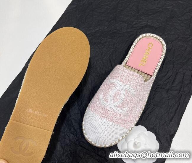 Trendy Design Chanel Tweed & Sequins Espadrilles Flat Mules G45602 Light Pink 425010