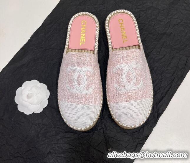 Trendy Design Chanel Tweed & Sequins Espadrilles Flat Mules G45602 Light Pink 425010