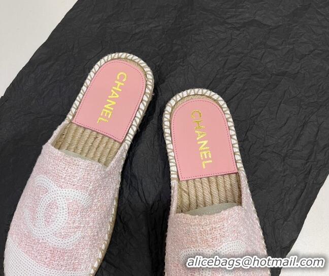 Trendy Design Chanel Tweed & Sequins Espadrilles Flat Mules G45602 Light Pink 425010