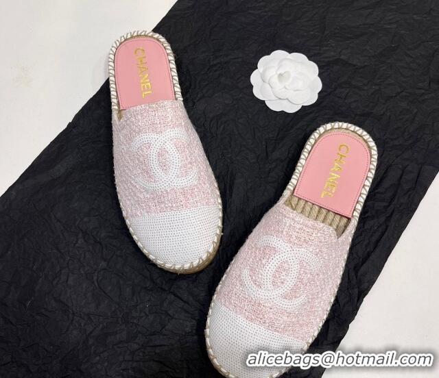 Trendy Design Chanel Tweed & Sequins Espadrilles Flat Mules G45602 Light Pink 425010