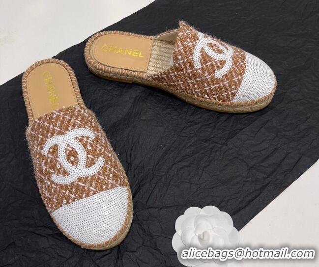 Sophisticated Chanel Tweed & Sequins Espadrilles Flat Mules G45602 Brown 425011