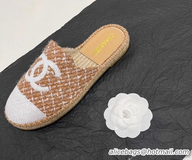 Sophisticated Chanel Tweed & Sequins Espadrilles Flat Mules G45602 Brown 425011